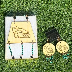 Handmade Wooden Aztec Dog Jewelry Set – Necklace & Earrings – Green Beads